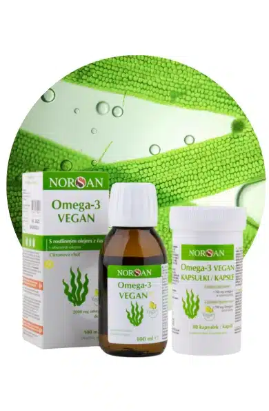 Norsan Omega-3 Vegan – olej z mořských řas v tekuté formě a kapslích.