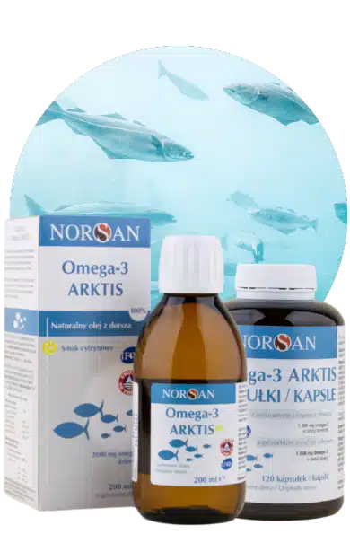 NORSAN Omega-3 ARKTIS olej a kapsle s přírodním olejem z tresčího masa a citronovou příchutí.