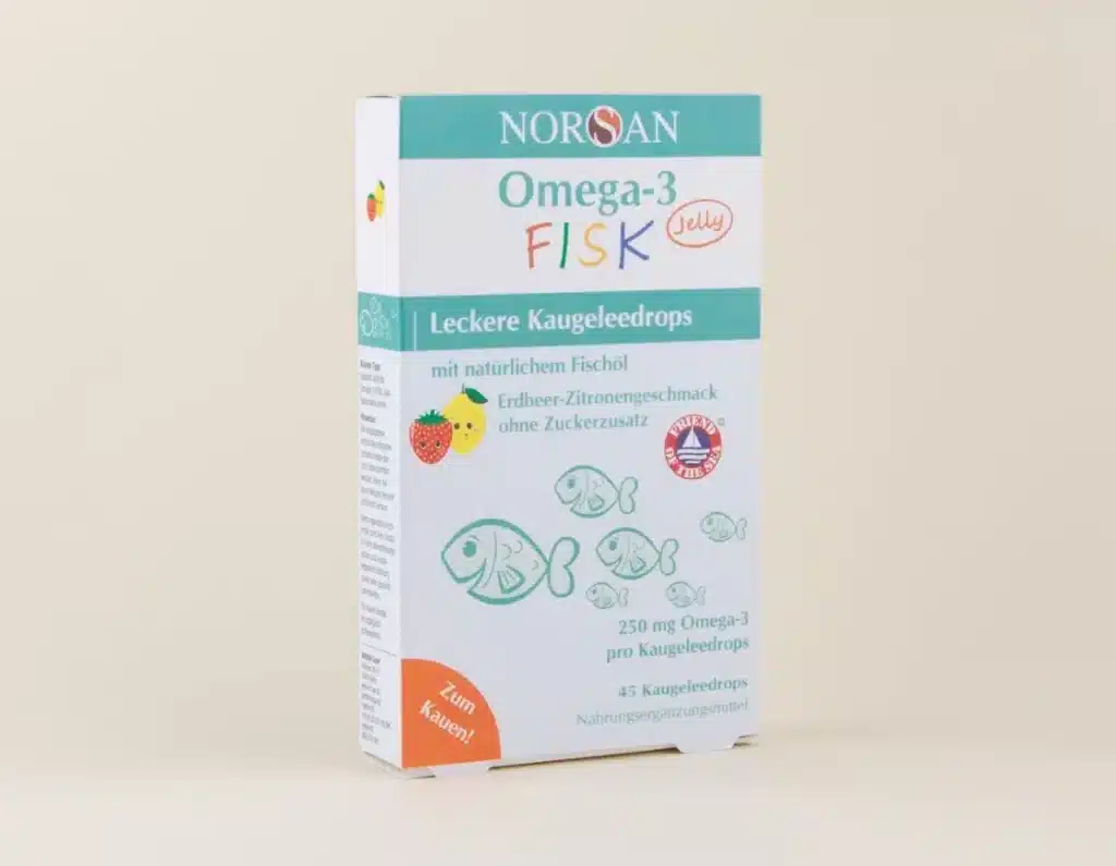 NORSAN Omega-3 FISK Jelly – žvýkací dropsy s rybím olejem pro děti s jahodovo-citronovou příchutí bez cukru.