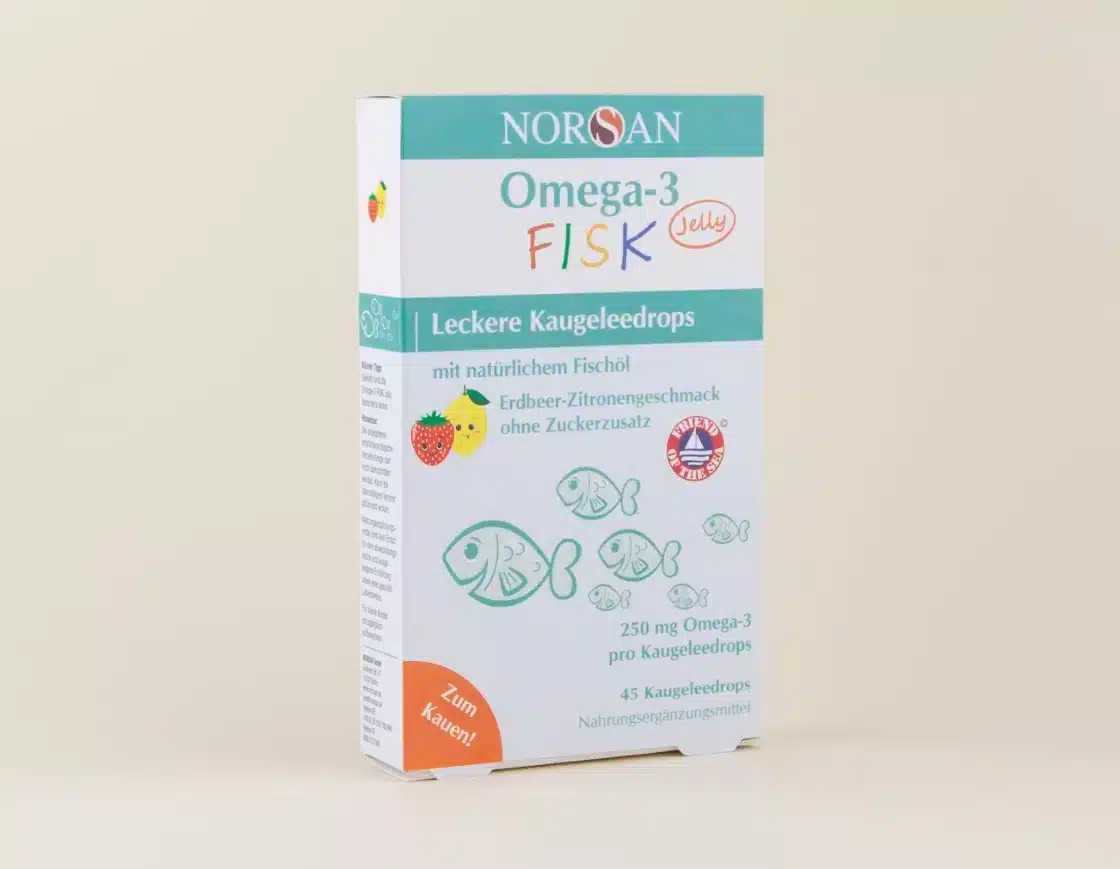 NORSAN Omega-3 FISK Jelly – žvýkací dropsy s rybím olejem pro děti s jahodovo-citronovou příchutí bez cukru.