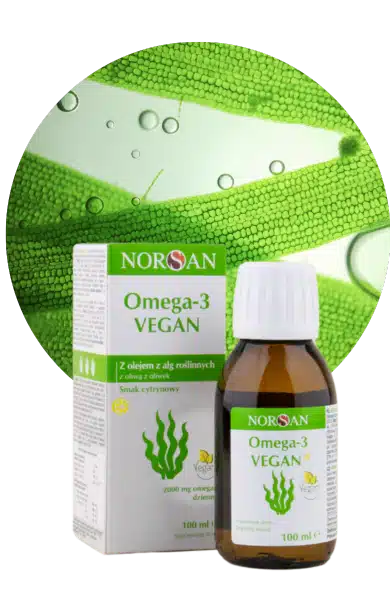 NORSAN Omega-3 VEGAN 100 ml s olejem z mořských řas a citronovou příchutí.