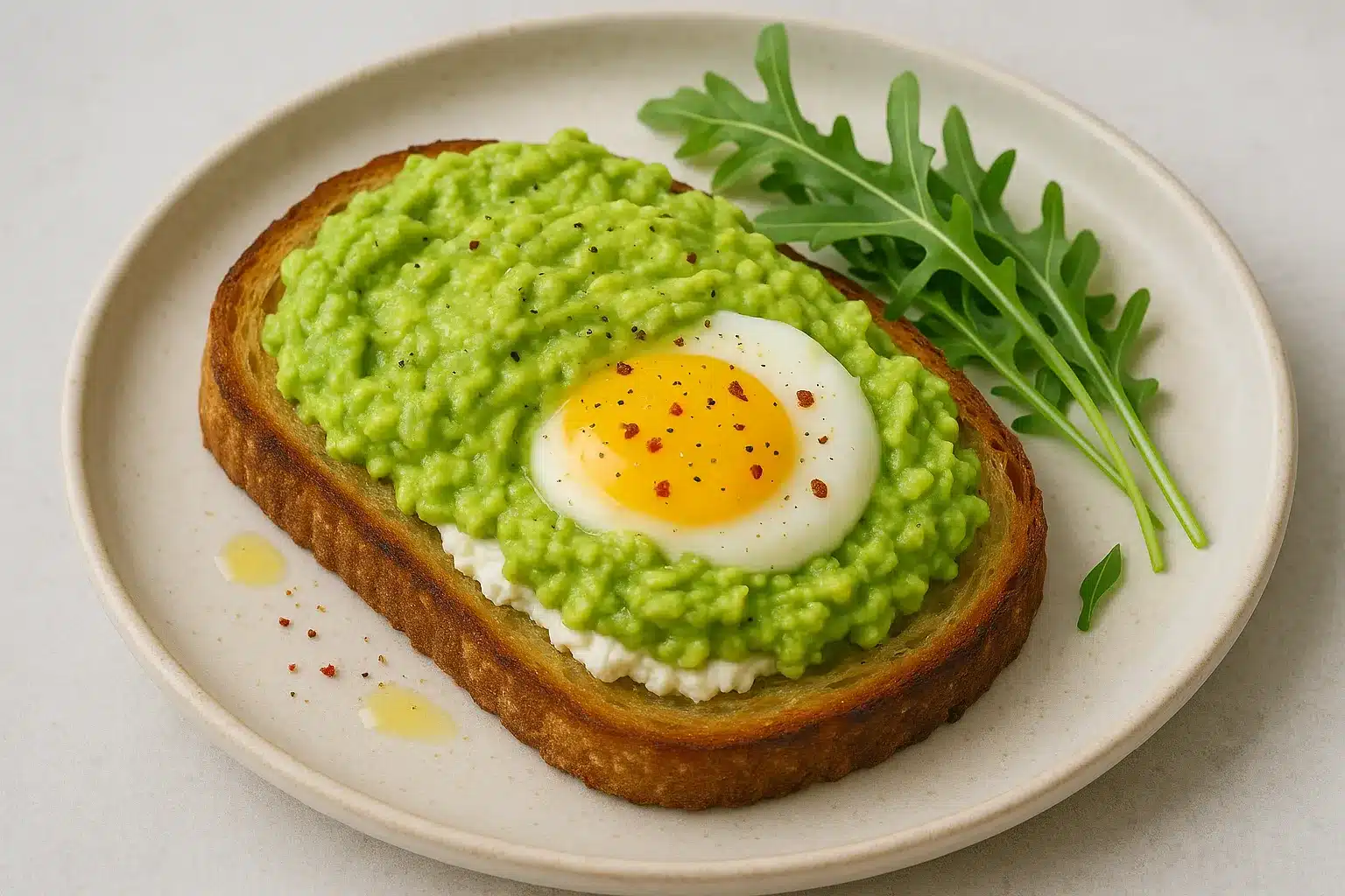 Recept z avokáda – toast s cottage sýrem, avokádovou pomazánkou a vejcem, dozdobený rukolou a kořením.